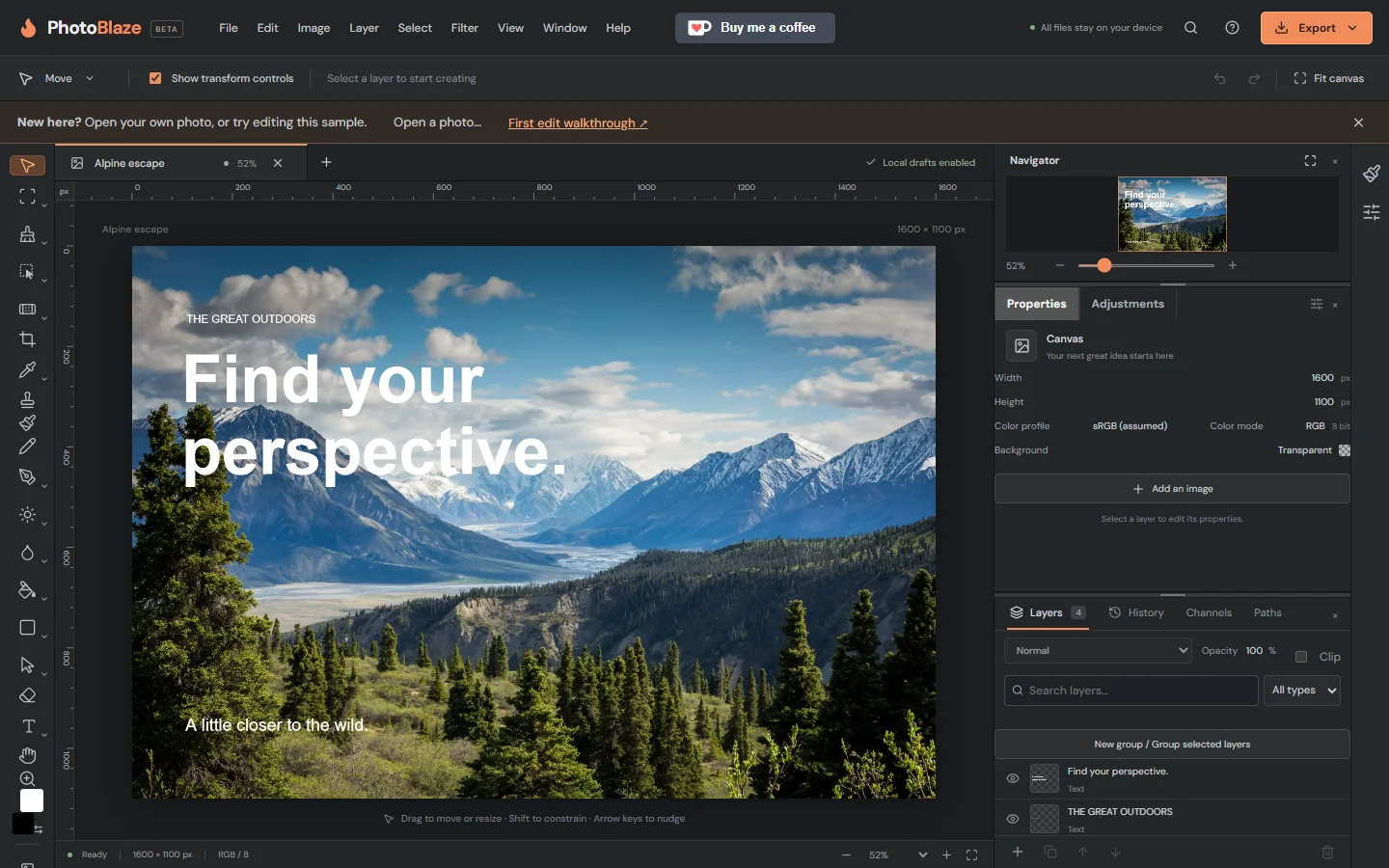 PhotoBlaze editor with its tools, canvas workspace, and layer panel