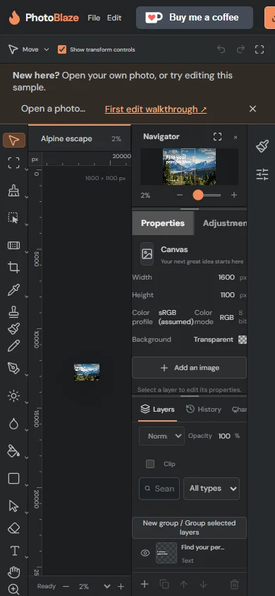 PhotoBlaze editor at a narrow mobile viewport