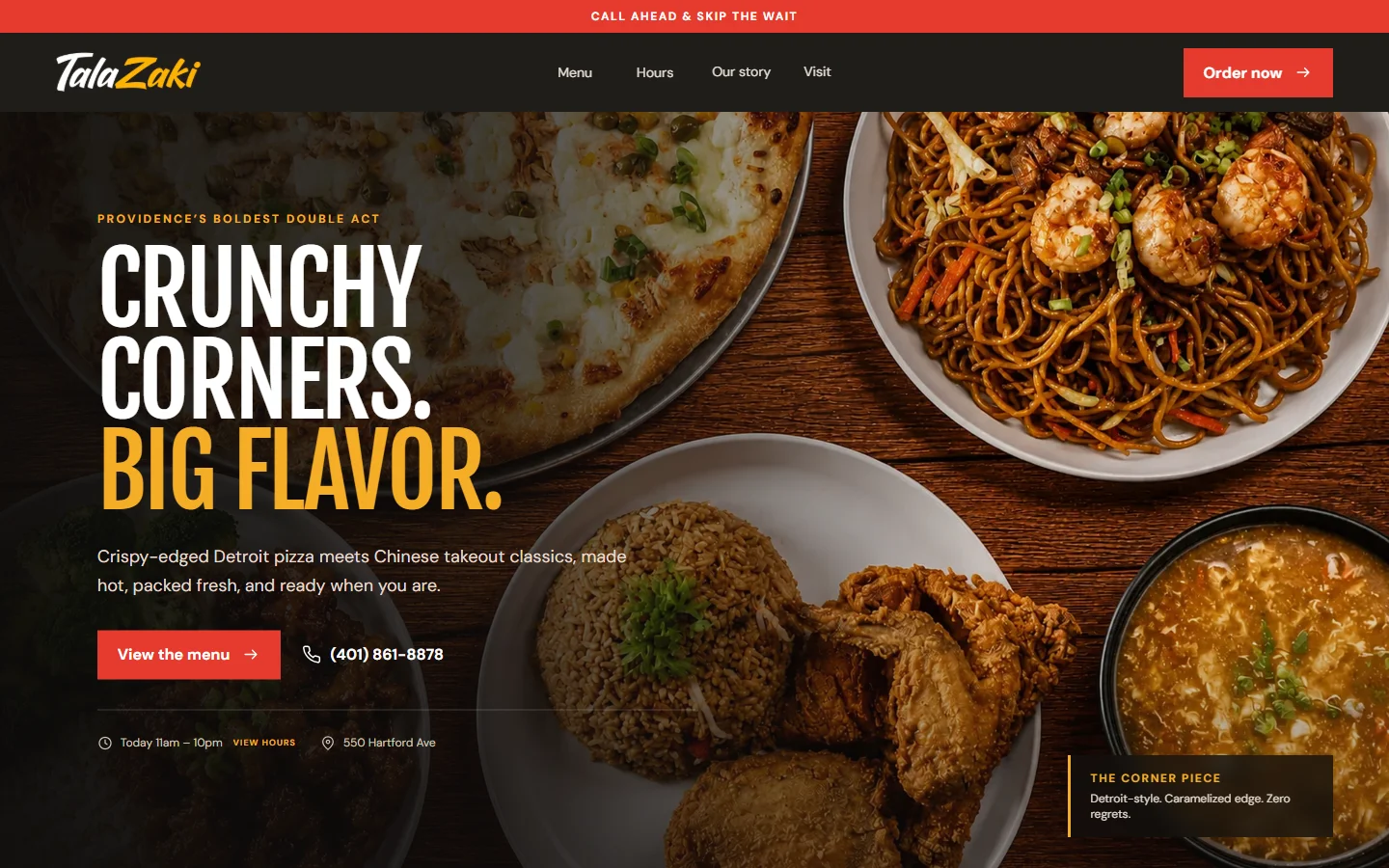 TalaZaki homepage with restaurant food photography and menu and phone actions