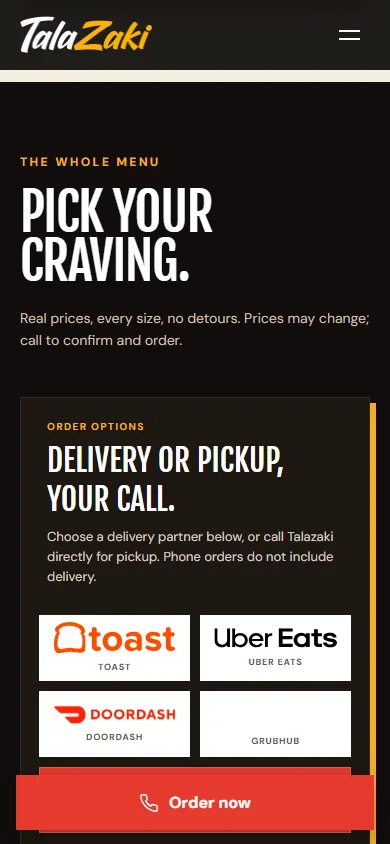 TalaZaki restaurant menu on a mobile screen